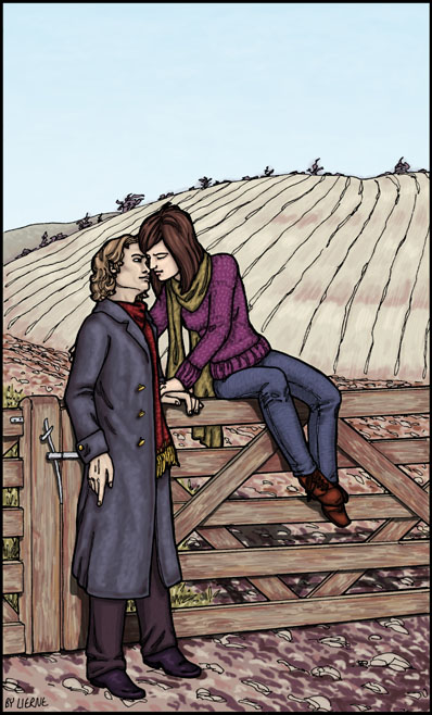 A couple kissing on a fence.