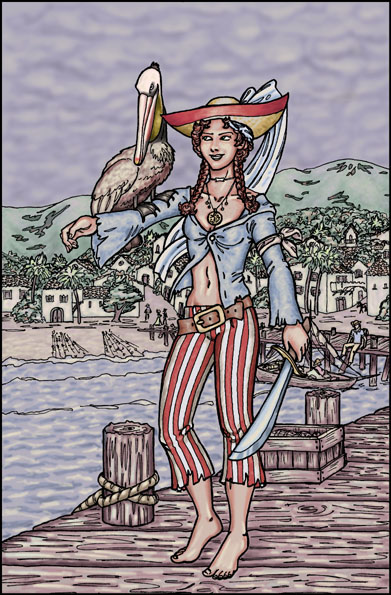A picture of a pirate with a pet pelican.